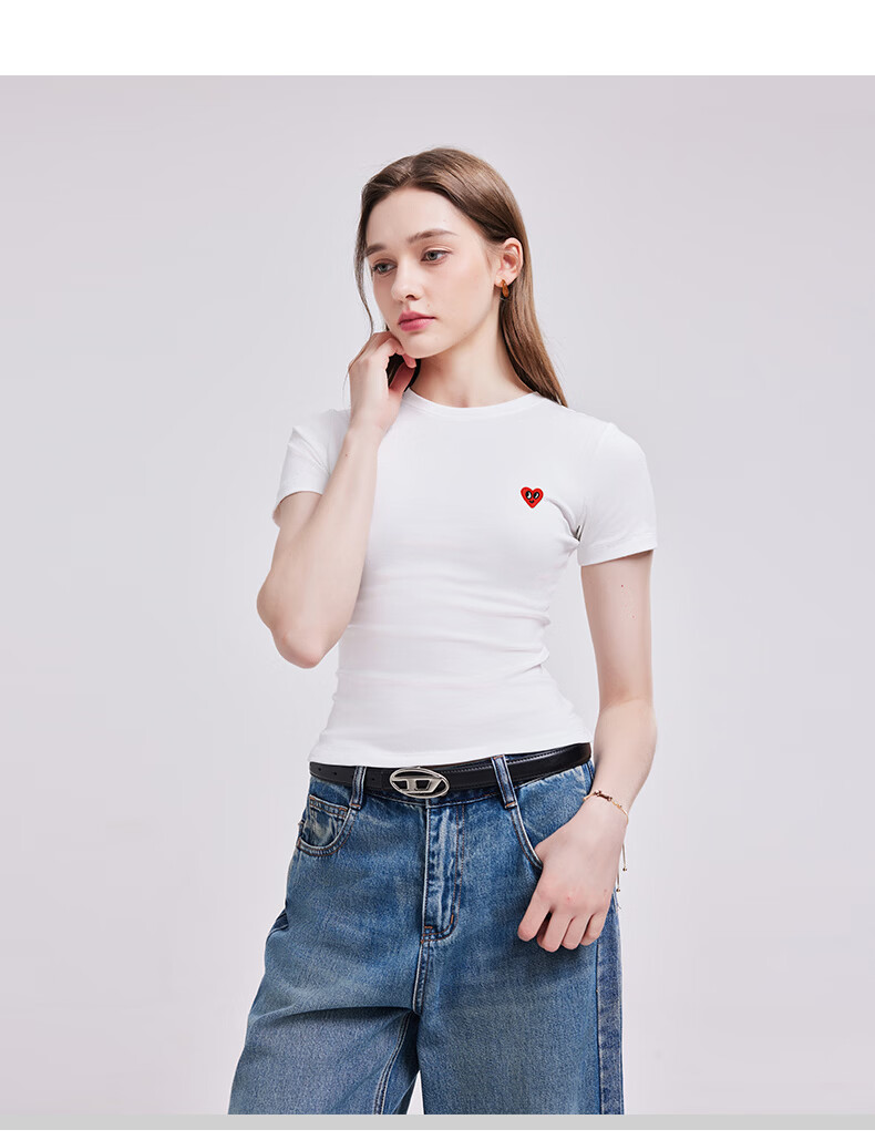 Charles Peach Heart [Wang Churan Same Style] Summer New Short Sleeve T-Shirt Women's Slim Fit Waist White XXF 15