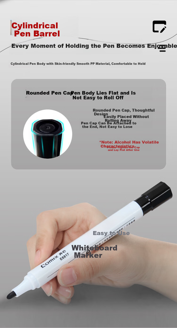 Comix Thick Tip Erasable Whiteboard Markers Durable Office Stationery Black 10pcs/Box E6817 10