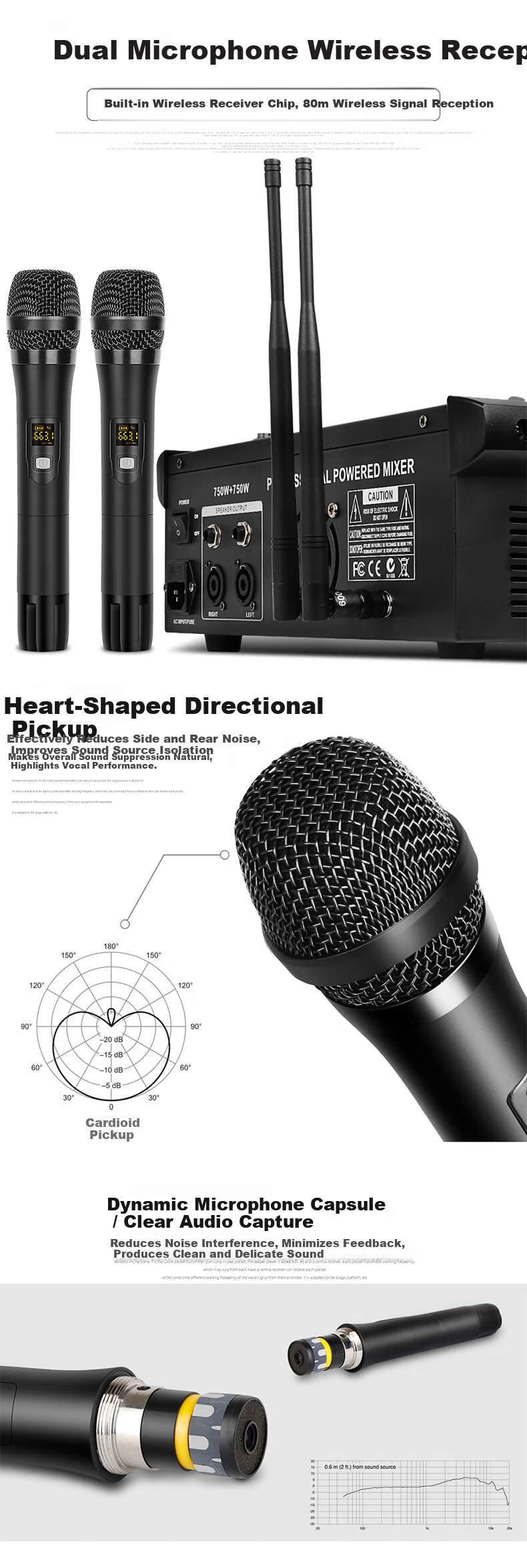 Depusheng GM7X Professional Mixer Amplifier Integrated 6-Channel with Dual Wireless Microphones High-Power Stage Home Karaoke Conference 16 Reverb Effects USB Bluetooth Playback 350W*2 3