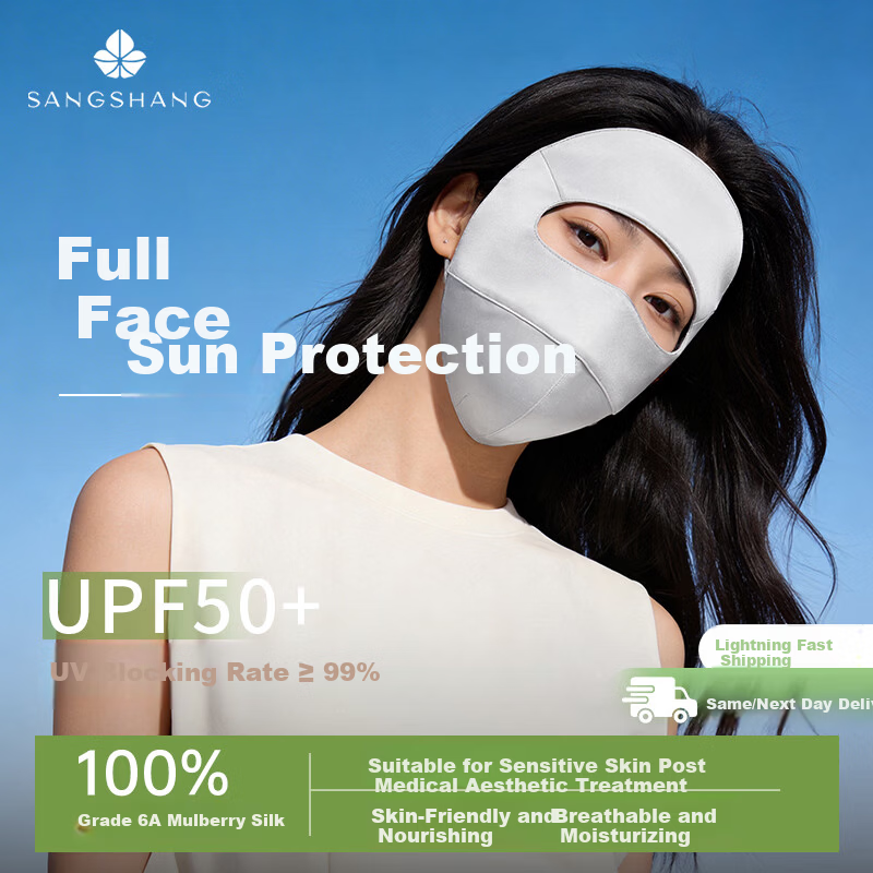 Sanshang 100% Silk Sun Protection Face Mask for Women UV Protection Full Face Mulberry Silk Sunshade Medical Face Bikini Silver Gray