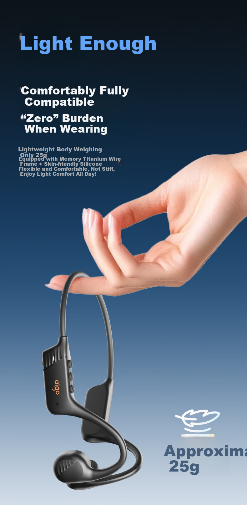 Aigo Bone Conduction Bluetooth Sports Earphones for Kids IP56 Dustproof Waterproof Open Wireless Marathon Cycling Running Ear Hook Long Battery Life GS09e Black 3