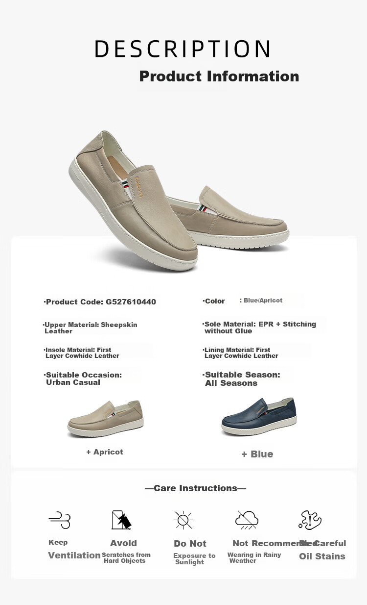 Goldlion Men's Shoes 26 Spring New Business Casual Lightweight Comfortable Slip-On Leather Shoes G527610440LLB Blue Size 39 8
