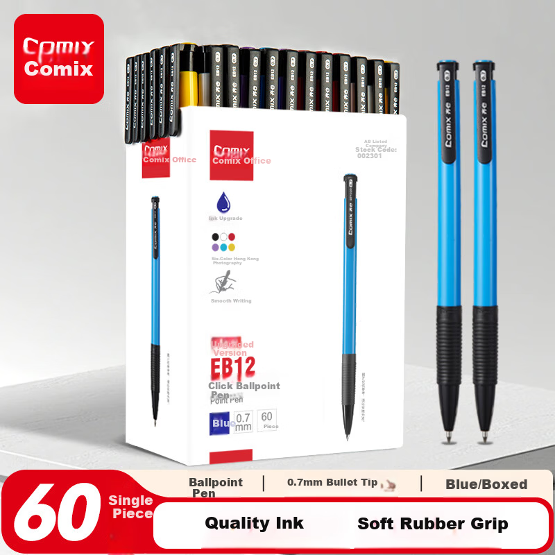 COMIX 60-Pack 0.7mm Retractable Ballpoint Pens Blue Soft Grip Office Stationery EB12