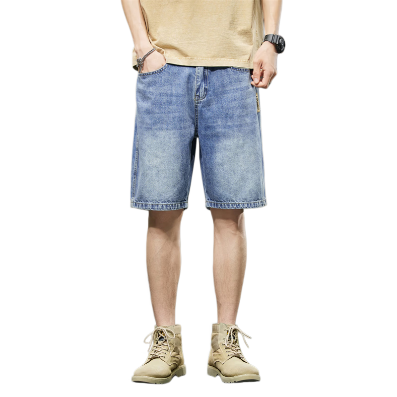ROMON Summer 2026 New Retro American Style Men's Loose Straight-Leg Denim Shorts Blue 31