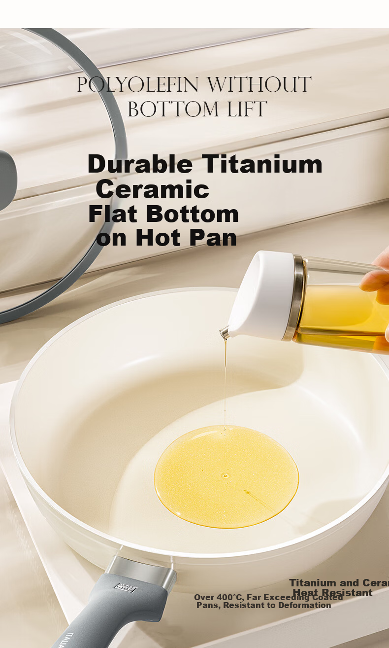 Alluflon Frying Pan Flat Bottom Titanium Ceramic 0 Fluorine Coating Grade 1 Non-Stick Steak Pan Induction Cooker Compatible White 24cm 12