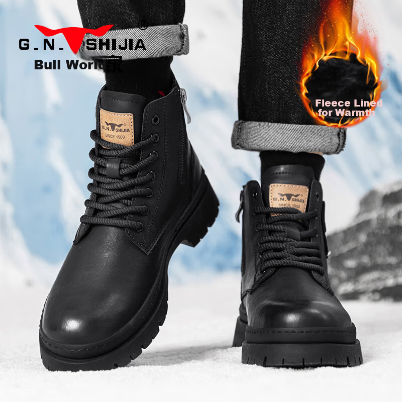Bull Family Martin Boots Men's Genuine Leather 2026 Autumn Winter New Fleece Lined Warm Thick Sole Height Increasing Work Boots Black 41