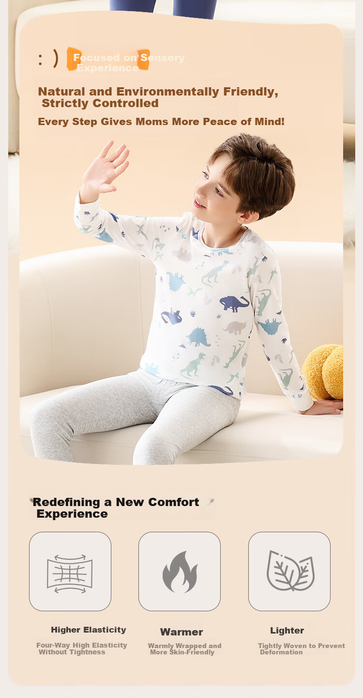 Urban Beauty 【100% Cotton】 Kids Thermal Underwear Boys Autumn Shirt and Pants Youth Autumn Winter Cotton Sweater Pajama Set 5