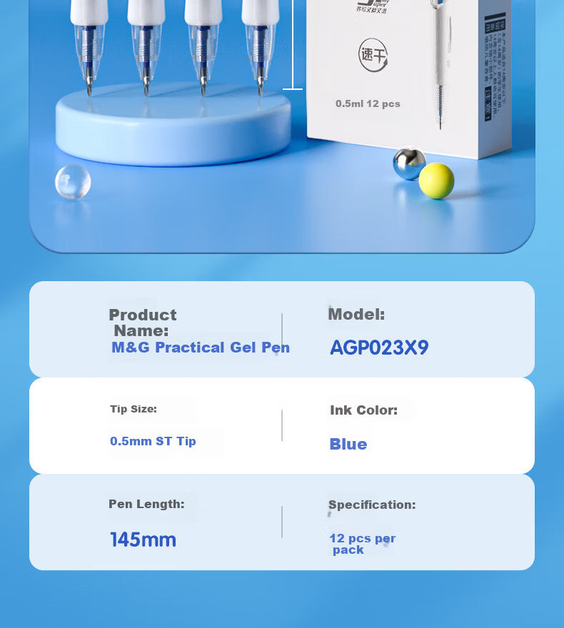 M&G 1008 Retractable 0.5mm Blue Gel Pen, Quick-Dry Signature Pen, Practical Student Exam Pen, Blue 12-Pack AGP023X9B 15