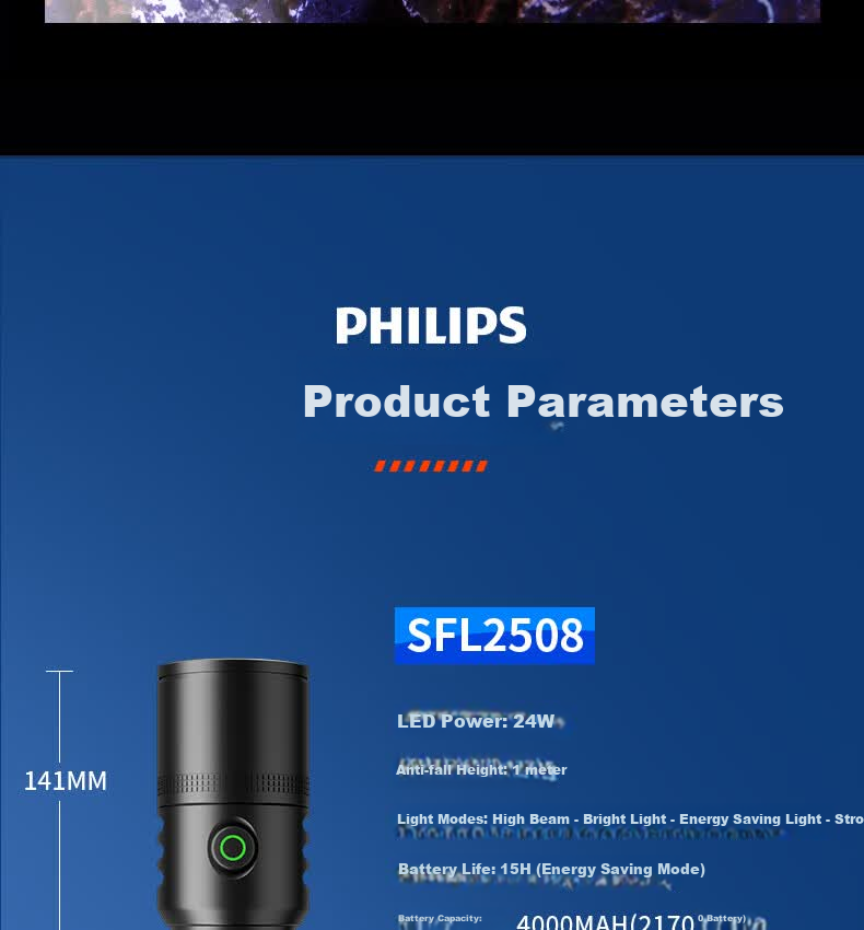 PHILIPS Portable Rechargeable High-Brightness Flashlight Long Battery Life 200000 Outdoor Home Use Compact Lumens Bike Light 2508 16