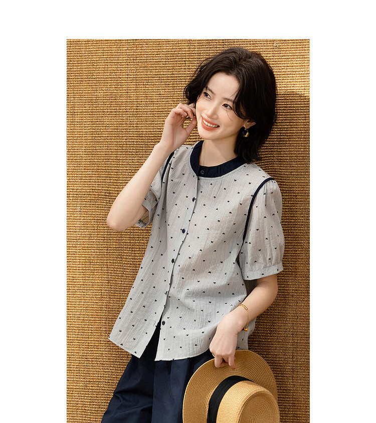 Demana [Smooth Lyocell] Summer Color-Block Bowknot Printed Round Neck Striped Short Sleeve Loose Petite Women's Shirt 10