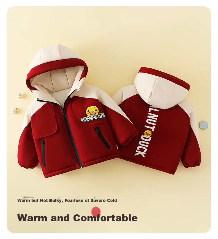 WALNUT DUCK Red Cotton Padded Jacket Little Yellow Duck Winter Hooded Fleece Lined Coat for Boys and Girls Dark Red 130 4
