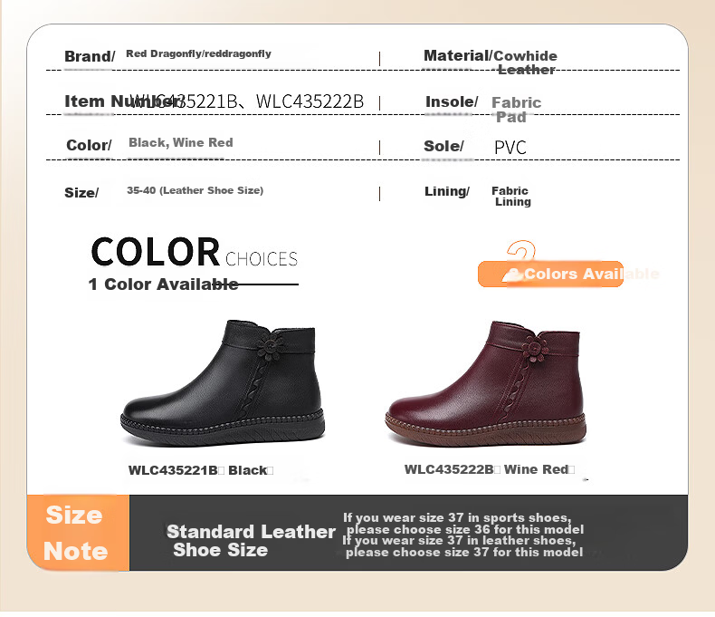 Red Dragonfly Women's Mid-Aged and Elderly Mom Boots, Fleece-Lined Warm Handmade Cowhide Soft Leather Ankle Boots WLC435221R 5