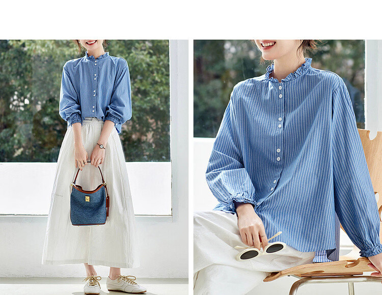 Demana [Pure Cotton Whisper] Spring Korean Style Lace Stand Collar Striped Loose Long Sleeve Commuter Shirt Women's Top 12