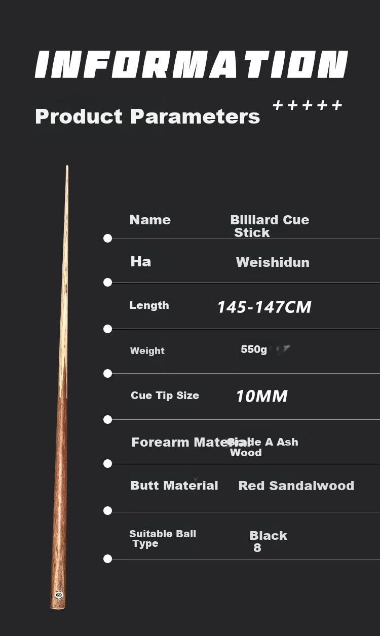 Wisdomon Cue Stick Solid Shaft Chinese Style Black 8-Ball Room Professional Cue Small Tip 10MM 1