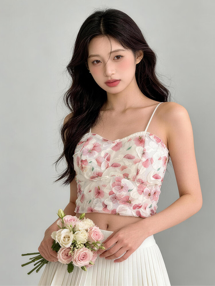 9i9 Rose Print Canvas Strap Back Vest with Chest Pad Anti-Exposure Tube Top Rural Style Ruched Wrap Chest Rose Red S213 3