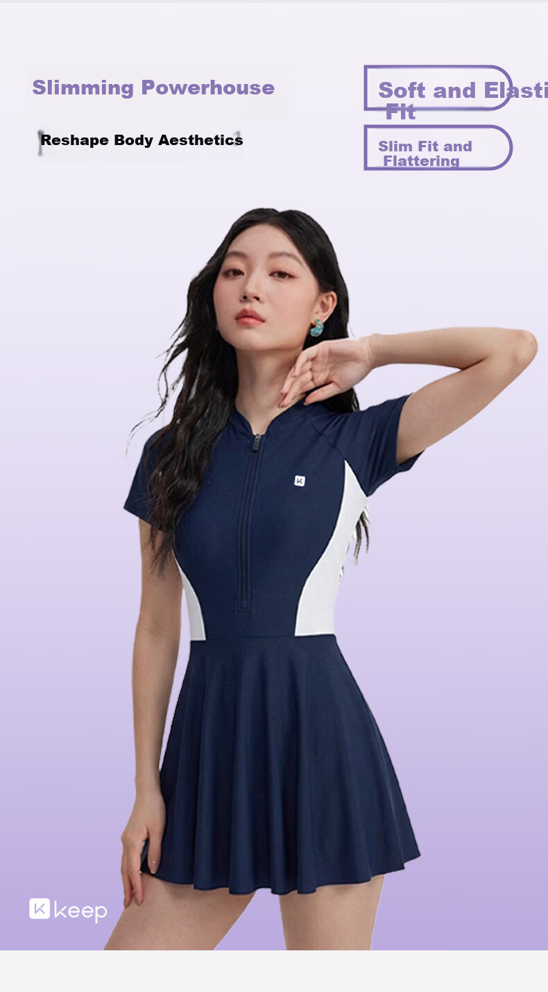 Keep Xiaomanyao Women's One-Piece Skirt Swimsuit Conservative Slimming Modest Hot Spring Vacation Swimsuit Navy Blue M 1