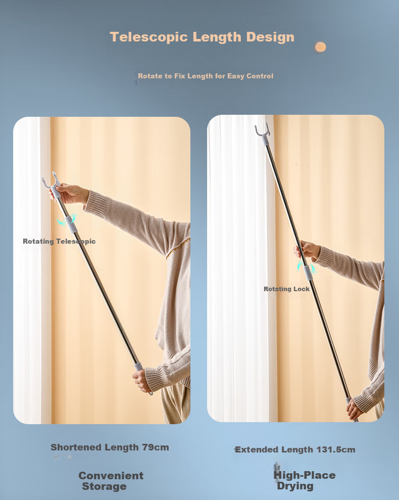 FK Retractable Clothes Drying Rod, No Drilling Required, Extendable Laundry Hanger for Balcony, Five Adjustable Levels, Stainless Steel Indoor Hanging Quilt Drying Tool 5