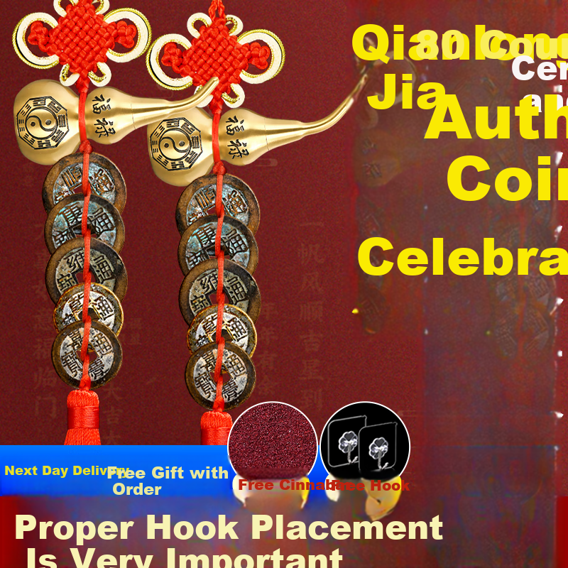 Feng Shui Pavilion Five Emperor Coins Pendant Brass Gourd with Cinnabar for Doorway Bedroom Kitchen Balcony Hanging Decor