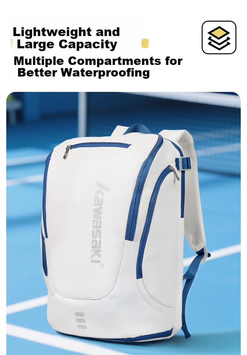 KAWASAKI Badminton Bag Feitian Qiming Large Capacity Lightweight Waterproof Durable Sports Backpack D8279 White Green 3