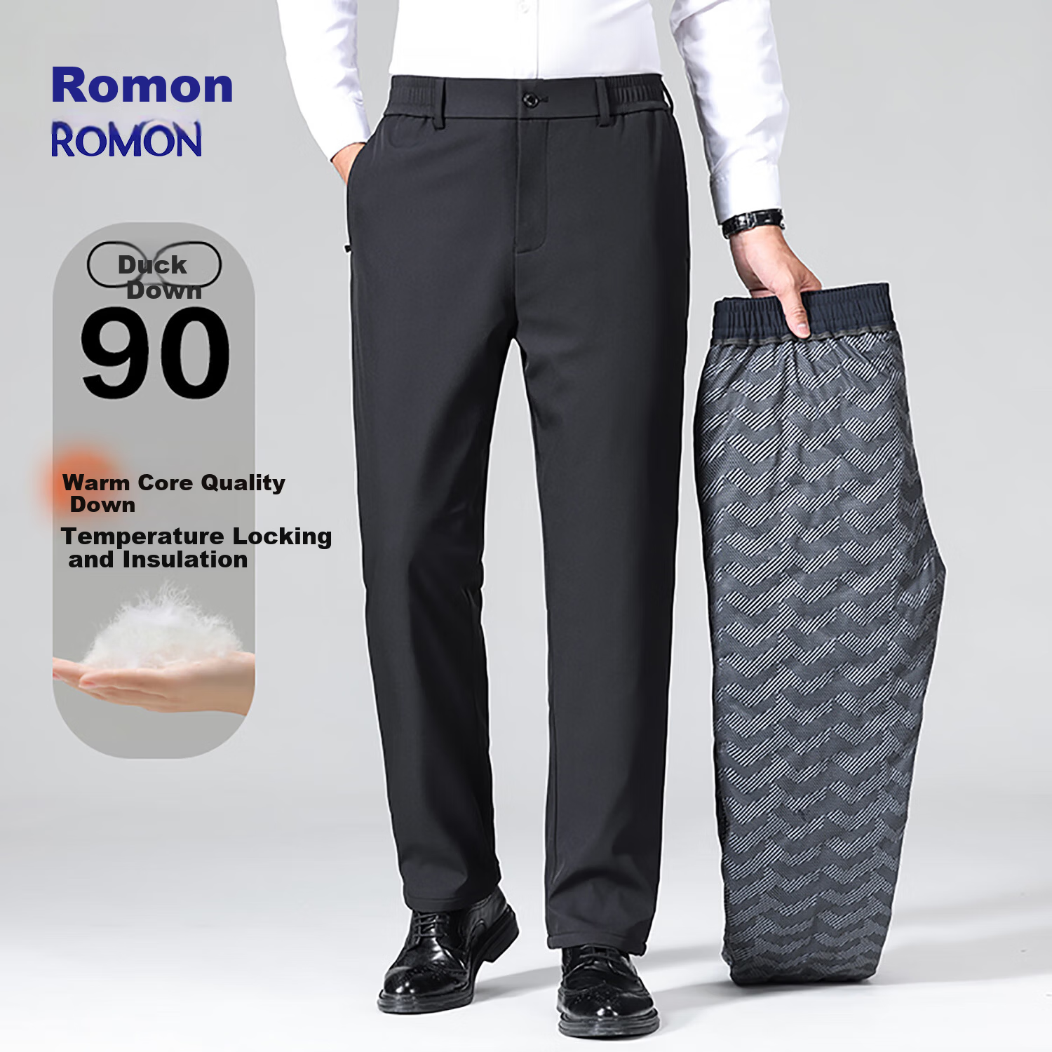 ROMON 90% Duck Down Men's Winter Warm Thick Fleece Lined Suit Pants Straight Leg Trousers 810 Black M