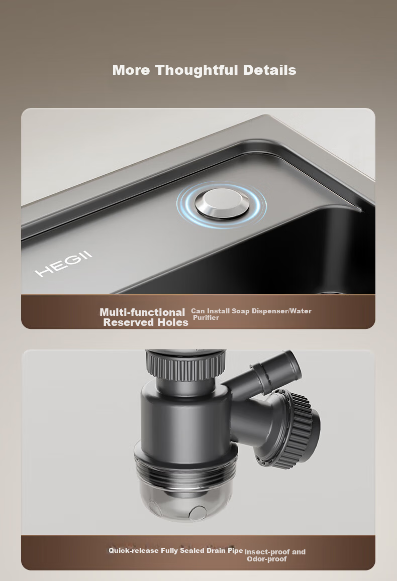 HEGII Single Large Sink Nano Air Cushion 3D Partition Stainless Steel Quick Drainage Kitchen Sink DMB192-078-SN 17