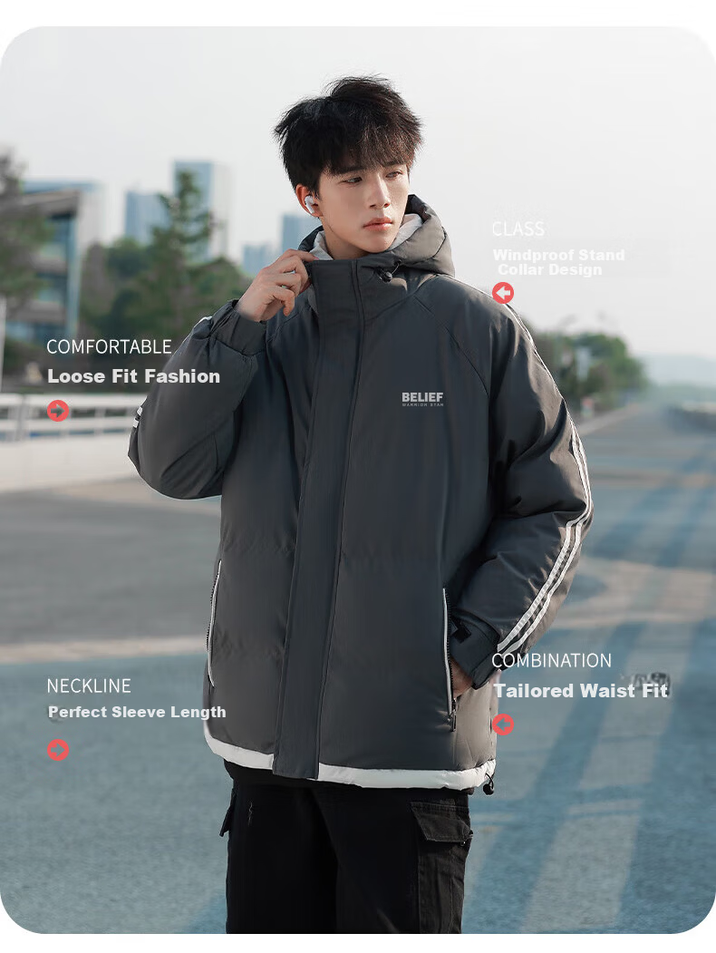 Warrior Cotton Jacket for Men with Hood, Thickened Warm Coat, Winter Fashion Brand Puffer Jacket, Casual Versatile Cotton Clothing for Me 2