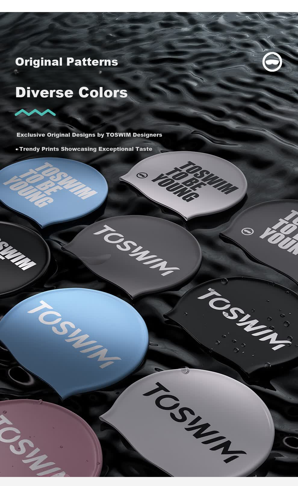 TOSWIM Eco-Friendly Silicone Swim Cap Comfortable Non-Tight Ear Protection Long Hair Waterproof Pool Swimming Cap Ink Shadow White Lettering 8