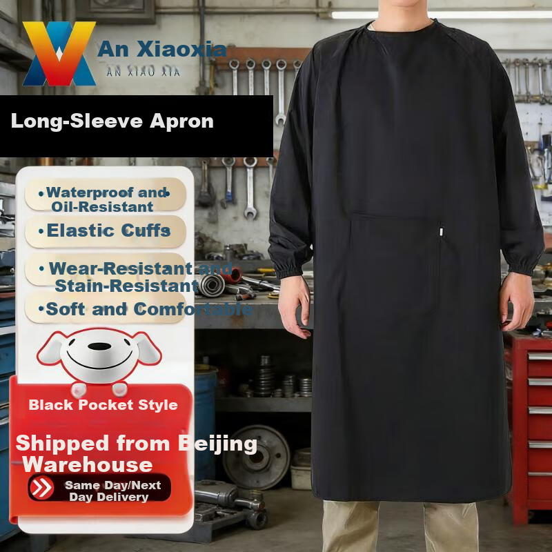 Anxiaoxia Long Sleeve Waterproof, Oil-Resistant, Acid and Alkali Resistant Apron with Pockets for Kitchen, Restaurant, Canteen - Black