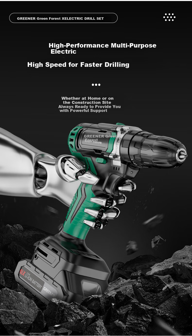Green Forest 34-Piece 21V Impact Lithium Drill Set Multi-Function Household Toolbox Hardware Electrician Repair Kit 8