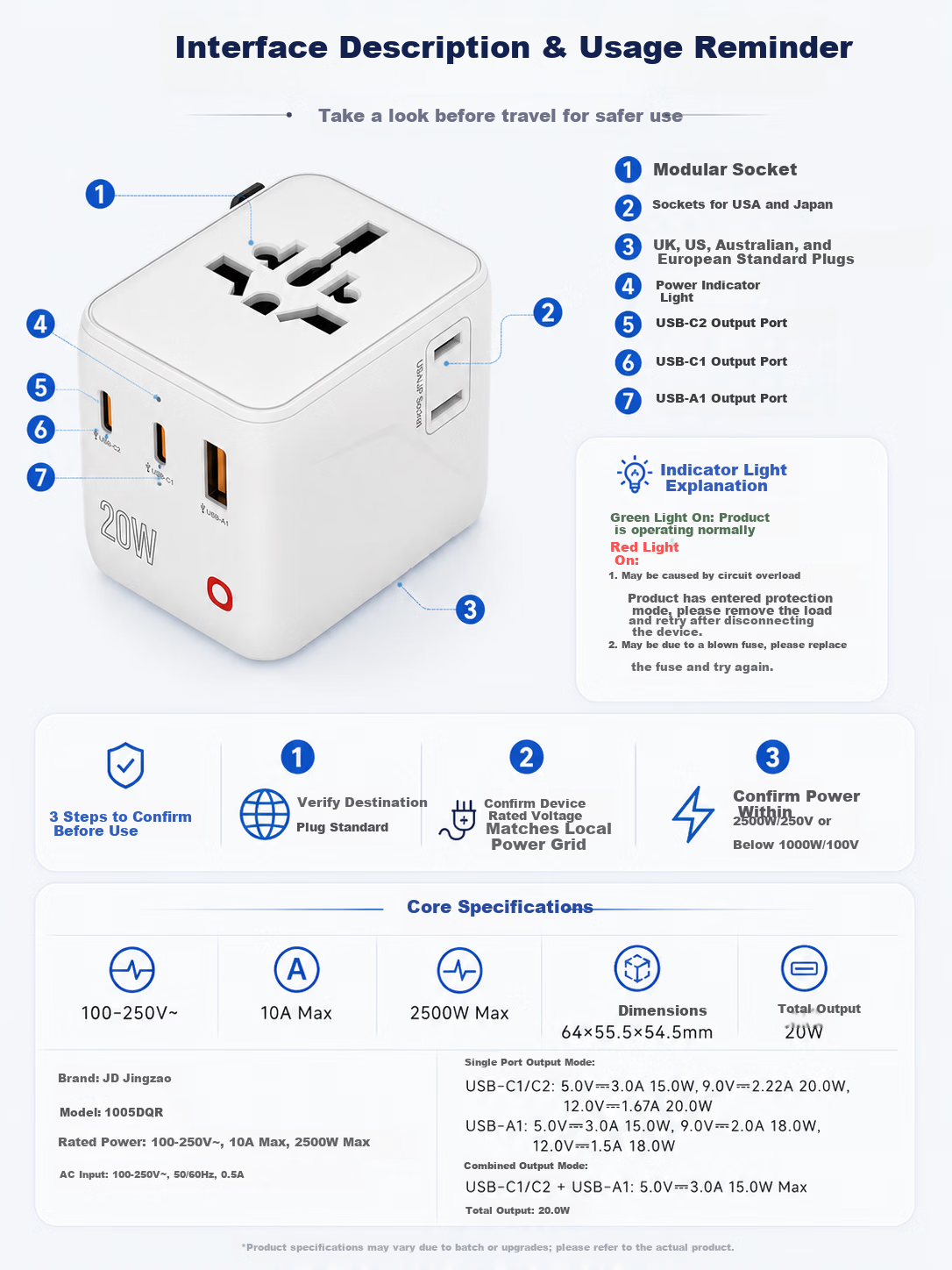 JD Global Universal Travel Adapter Multi-Country Power Socket Converter for Europe/UK/Hong Kong & Macau/USA/Japan/Malaysia 8