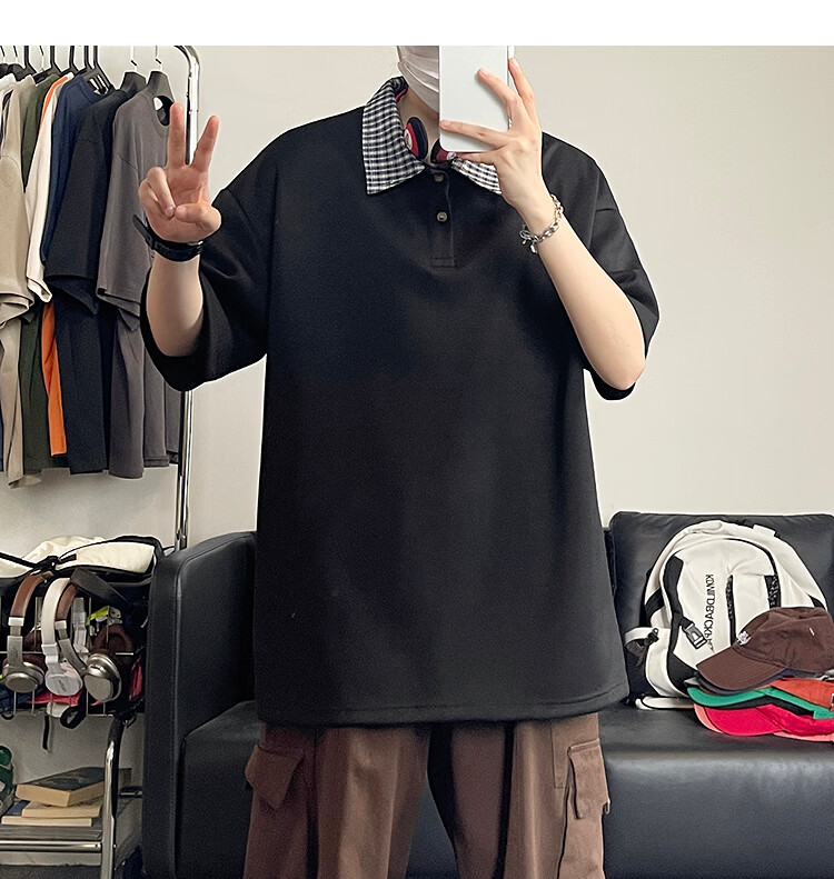 Popeye Two-Piece Houndstooth Polo Shirt Short Sleeve Men's Summer Collared T-Shirt Cleanfit Half Sleeve DX21 White Gray XL 18
