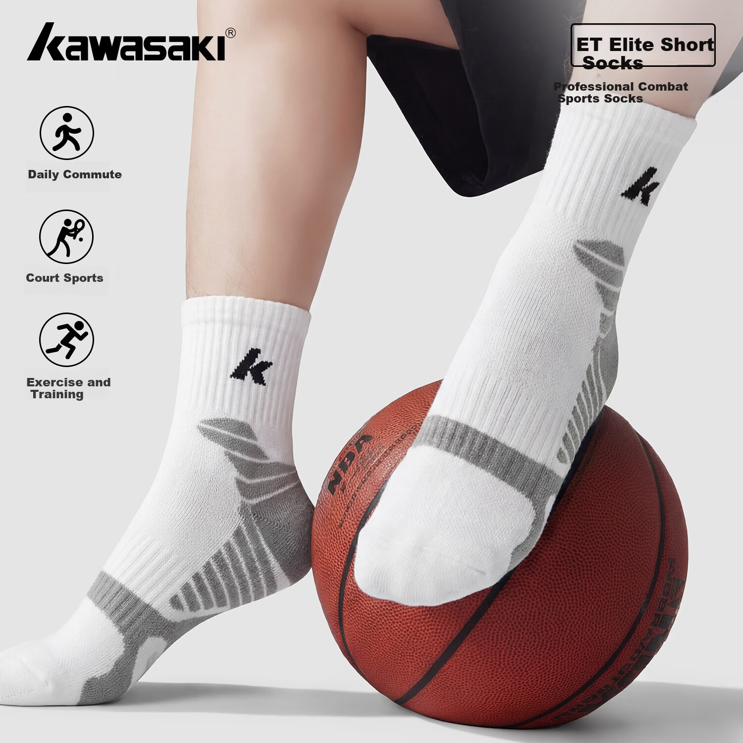 KAWASAKI Unisex Badminton Socks Running Training Sweat-Absorbing Non-Slip Sports Socks D6609 Blue/Grey/Purple (3 Pairs)