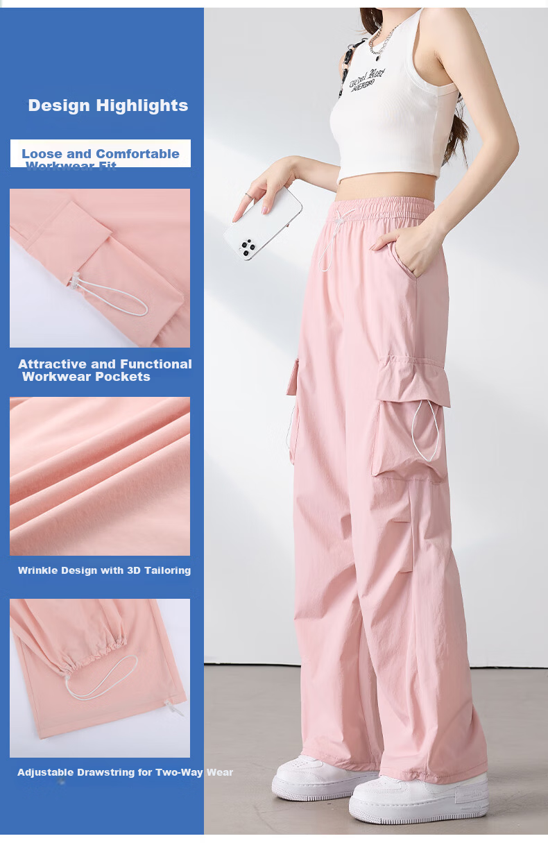 Langsha Women's American Style Parachute Work Pants Spring Summer Thin High Waist Wide Leg Loose Straight Casual Outdoor Sports Pants 5