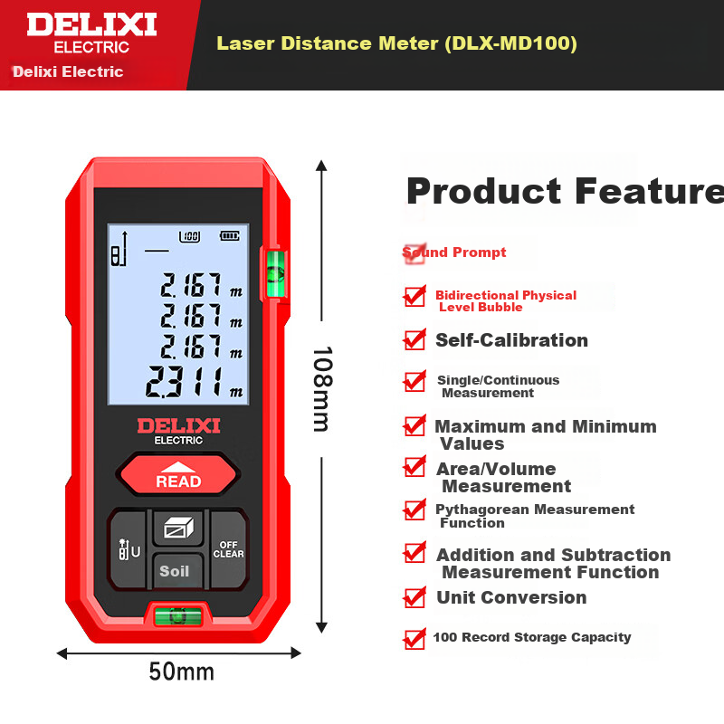 DELIXI ELECTRIC Infrared Laser Distance Meter Handheld High-Precision Electronic Ruler 100m Home Measurement Tool Designer Model