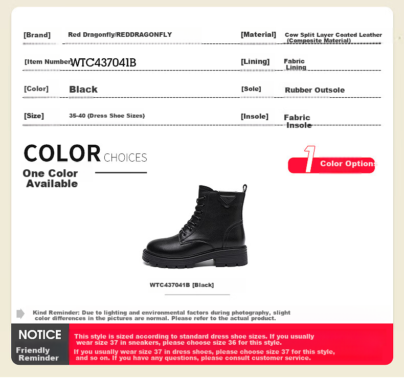 Red Dragonfly Women's Martin Boots Fleece Lined Warm Short Boots Thick Sole Leather British Style WTC437041C 3