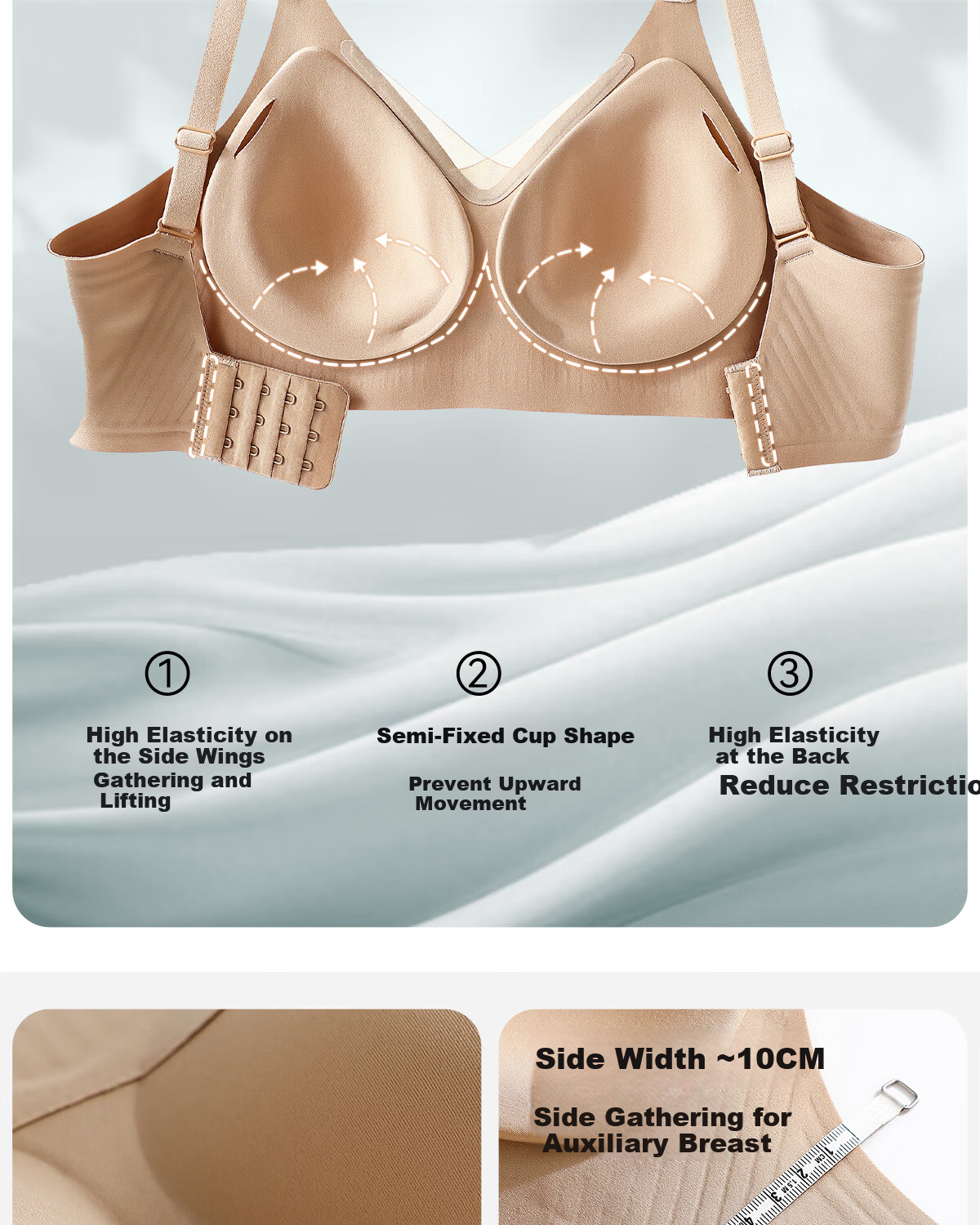 Tingmei Women's Seamless Wireless Bra, Small Chest Push-Up, Anti-Sagging, Side Support, Large Chest Lift, Sexy, Apricot, Size M 2