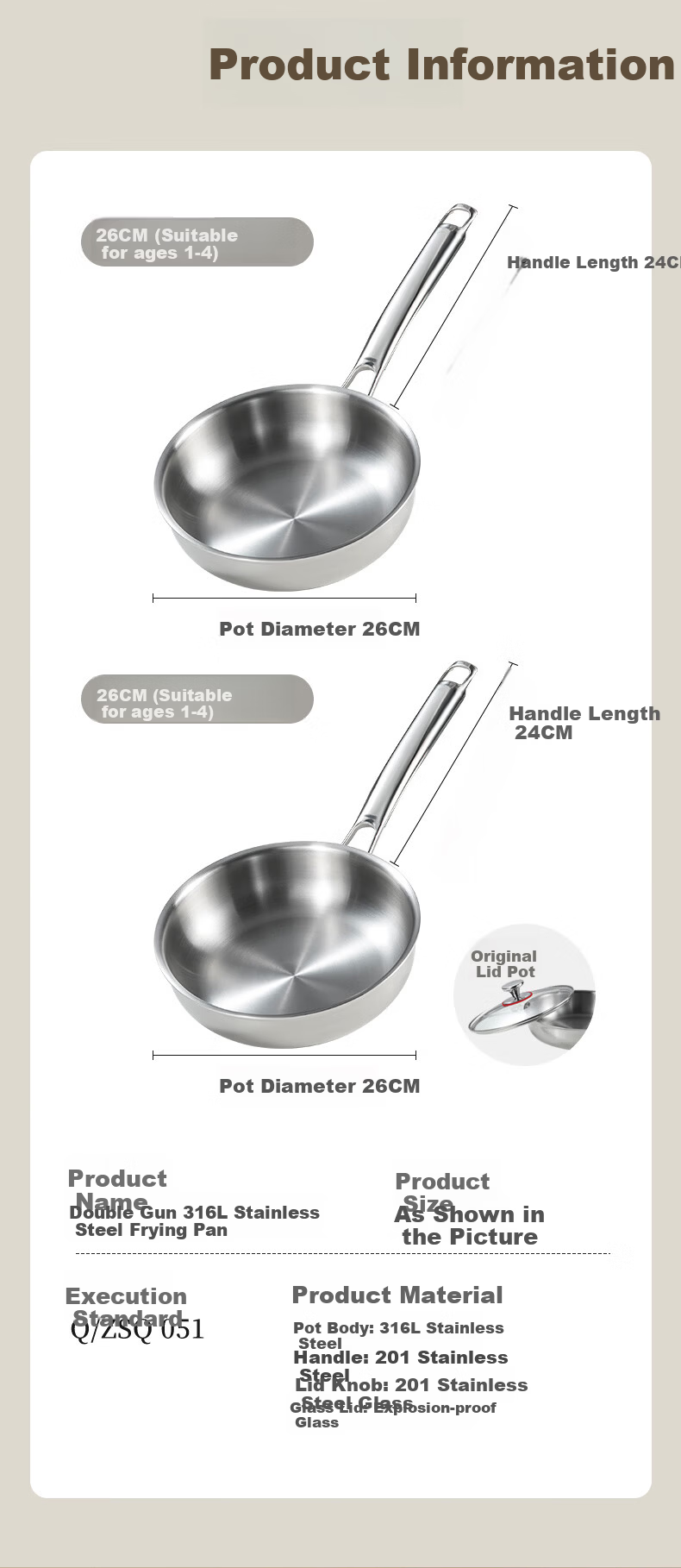 Shuangqi Non-Stick Frying Pan 0 Coating 316L Steel Induction Gas Universal 28cm 10