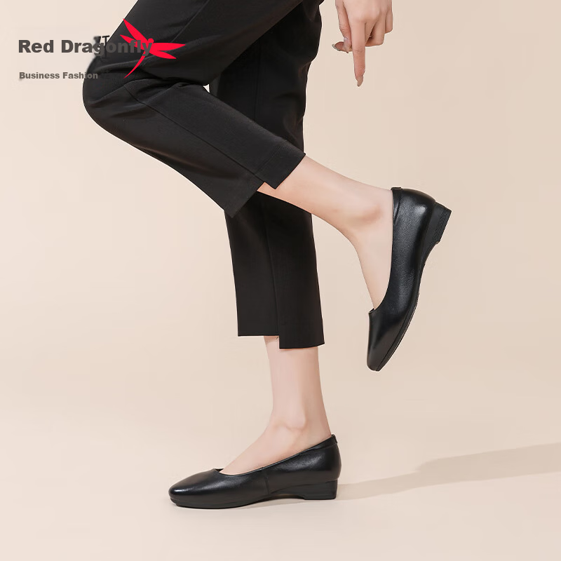 Red Dragonfly Women's Low-Cut Chunky Heel Slip-On Mid Heel Slimming Leather Shoes WTB435931M Black Size 40