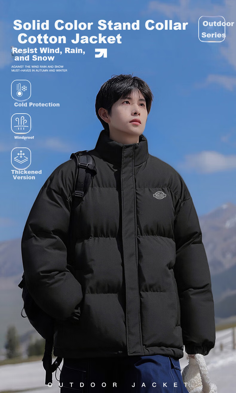 Warrior Men's Winter Cotton Padded Jacket, Stand Collar, Thickened, Cold-Resistant, Warm, Versatile Simple Men's Puffer Coat 6187 1