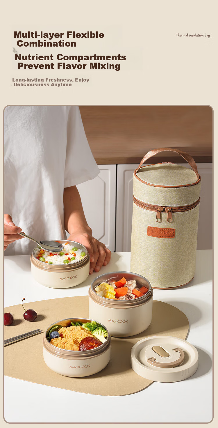Maxcook (MAXCOOK) Insulated Lunch Box 304 Stainless Steel Microwaveable Bento Box with Bag MCFT1309 3
