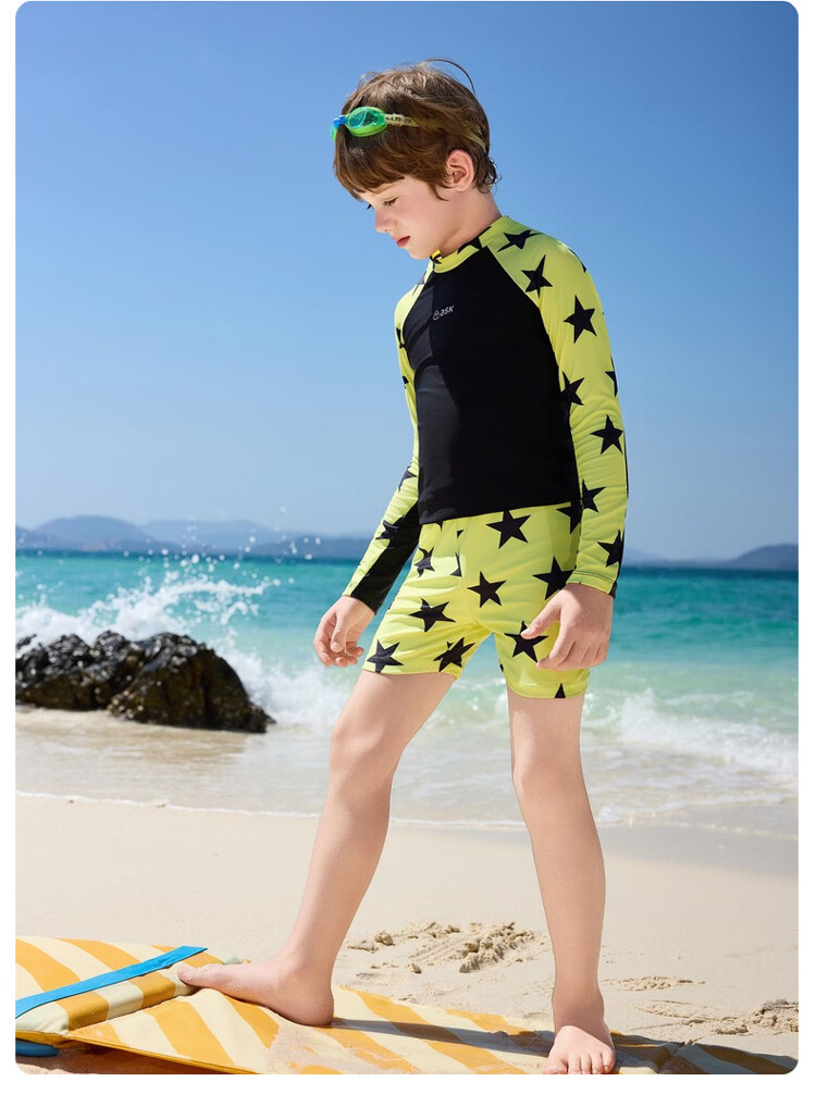 ASK JUNIOR 【Sun Protection and Chlorine Resistant】Children's Long Sleeve Swimsuit with Swim Cap, Two-Piece Boys' Training Set with Separate Shorts for Older Kids 14