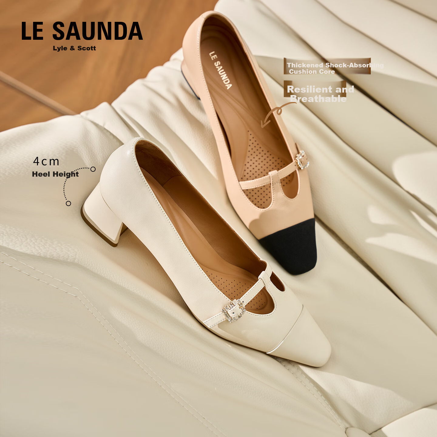 Le Saunda 2026 Spring New Elegant Lambskin Chunky Heel Mary Jane Shoes for Women 7M41013 Milk Tea Apricot BEK38