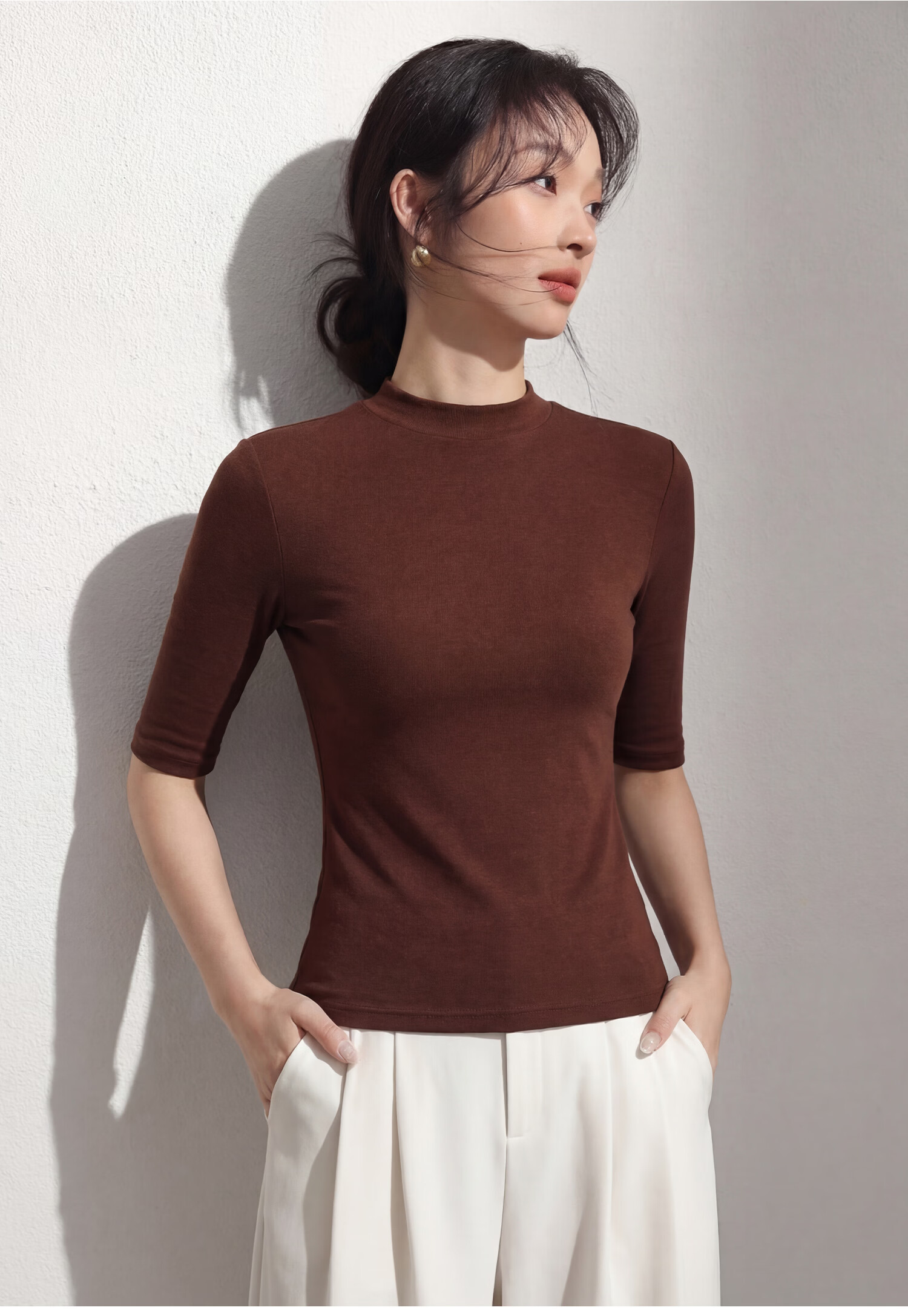 Tingmei Women's Summer Base Layer Shirt [10A Antibacterial] Small Stand Collar Short Sleeve Slim Fit Shoulder-Fitting Five-Sleeve T-Shirt Mid Sleeve 24