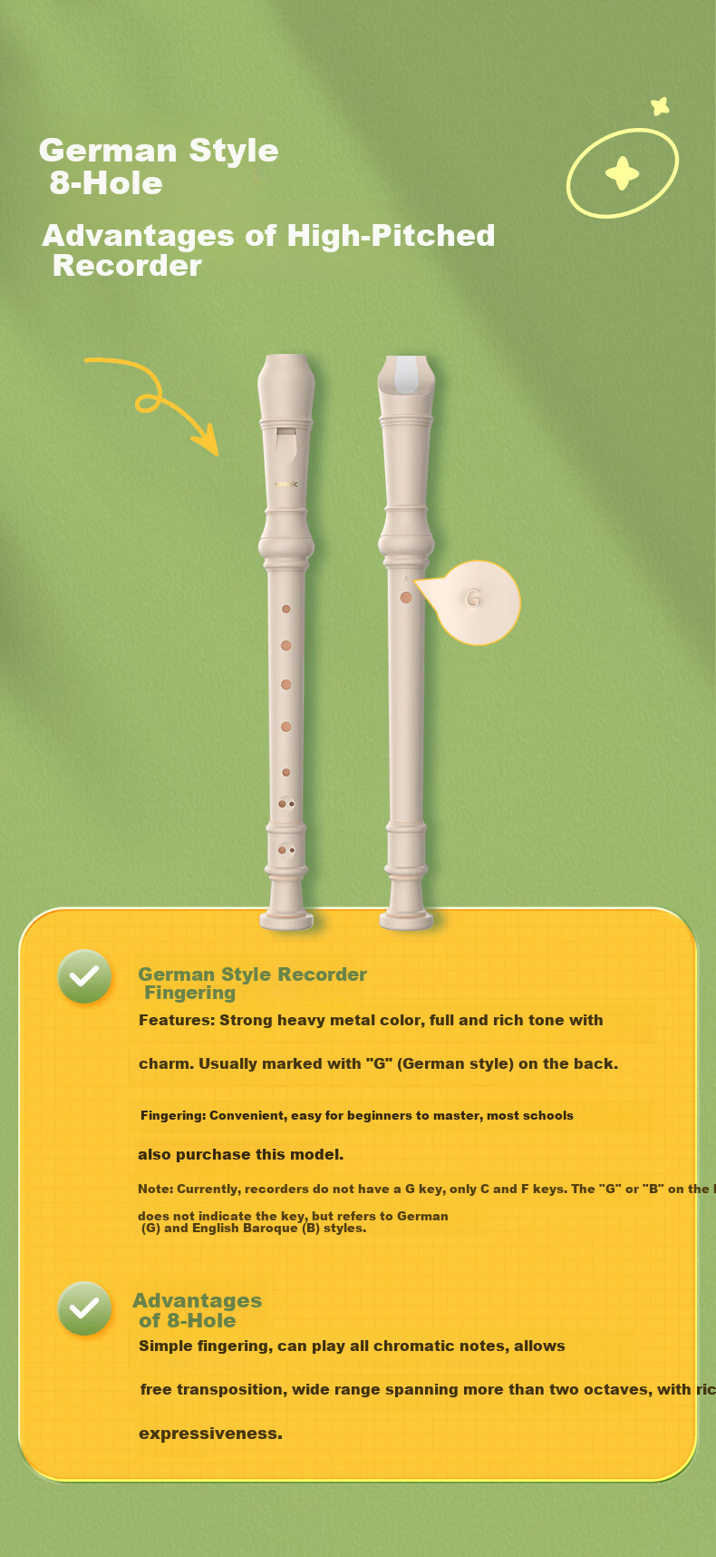 Romusic Recorder German Style Soprano C Key 8-Hole Student Children's School Designated Ivory White Beginner Flute 5