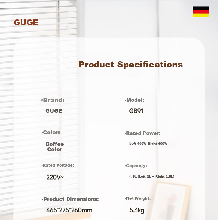 GUGE German Dual Inner Pot Rice Cooker and Pressure Cooker 2-in-1 with Dual Pot Independent Control, 304 Stainless Steel Inner Pot, Rice Soup Separation, Low Sugar, High Pressure Fast Cooking Electric 18