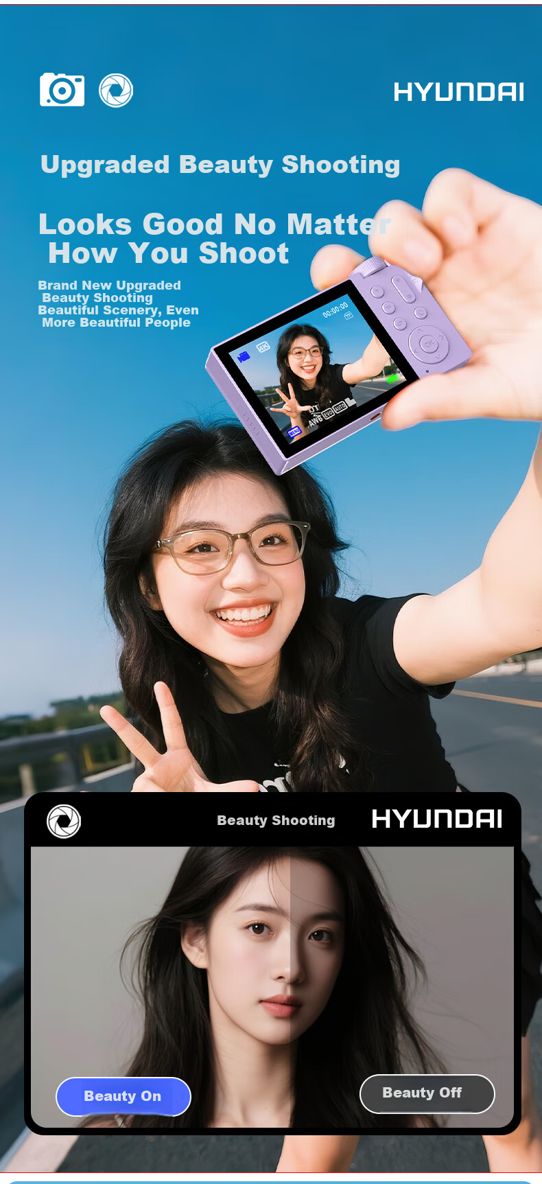 HYUNDAI Modern CCD Digital Camera Vlog Photography Travel Camera Student Entry-Level Dual Screen Selfie Cream White 32GB 6
