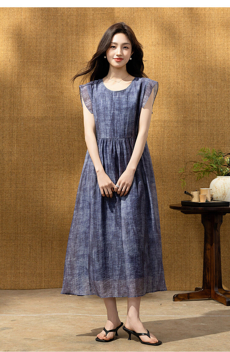Demana [Breathable Tencel] Summer Ink-Style Print Round Neck Self-Tie Lightweight Dress for Women Premium Quality 16
