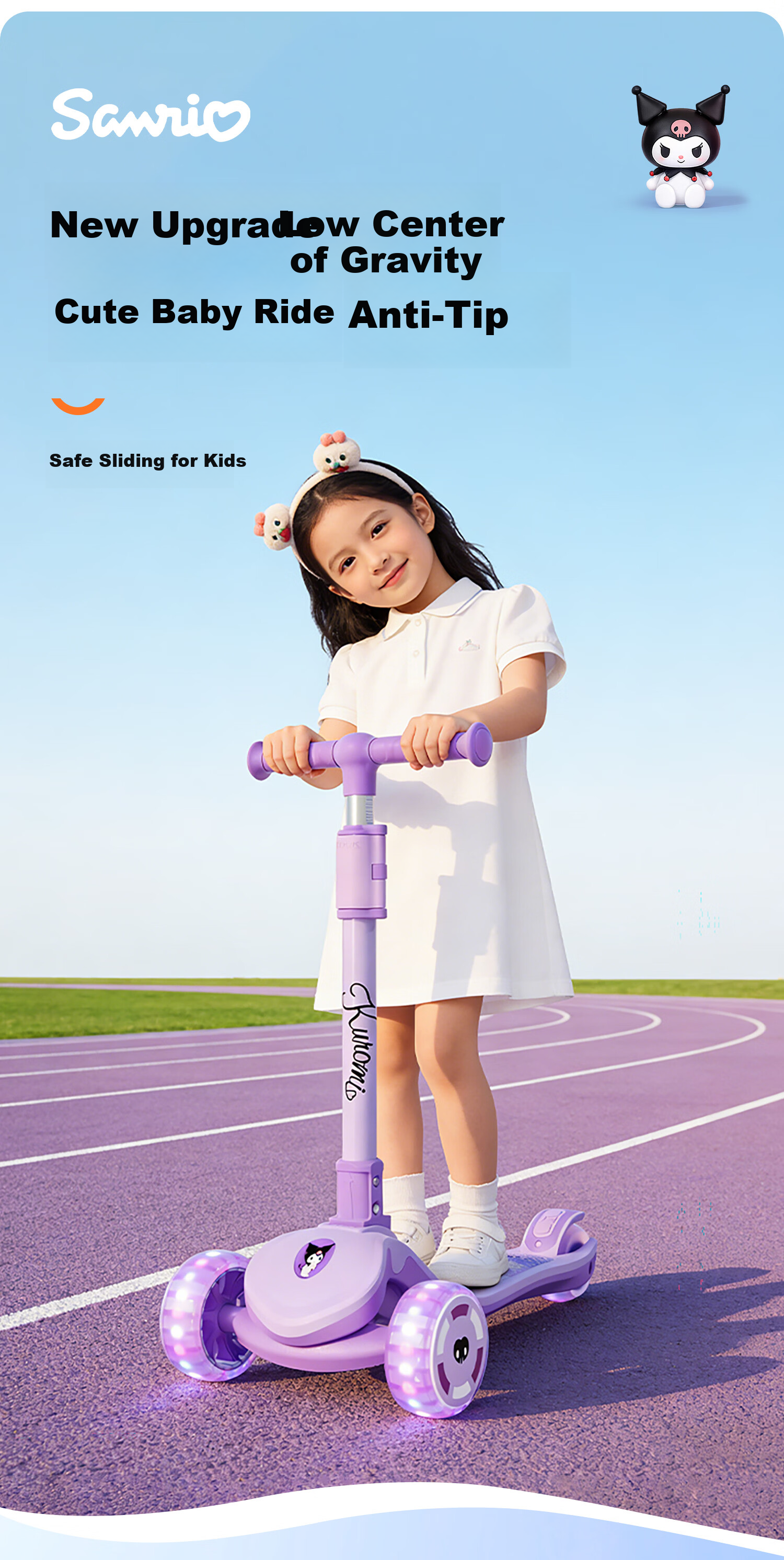 Mesuca Kids Scooter Kuromi Baby Ride-On Scooter Adjustable Foldable Balance Bike for Ages 1-12 3