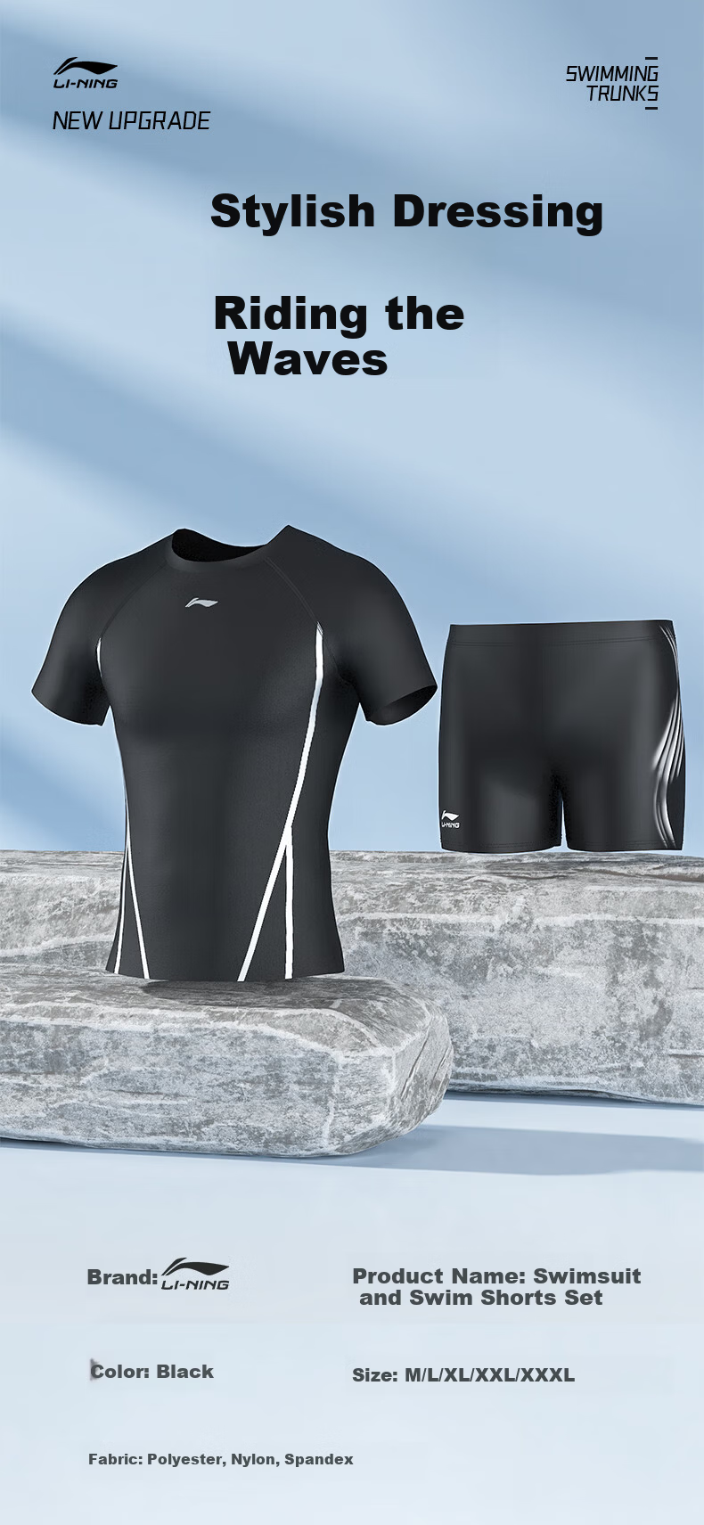LI-NING Men's Swim Trunks Swimwear Anti-Embarrassment Hot Spring Surfing Training Comfortable High Elasticity Two-Piece Set 312 Boxer Briefs 3XL 6