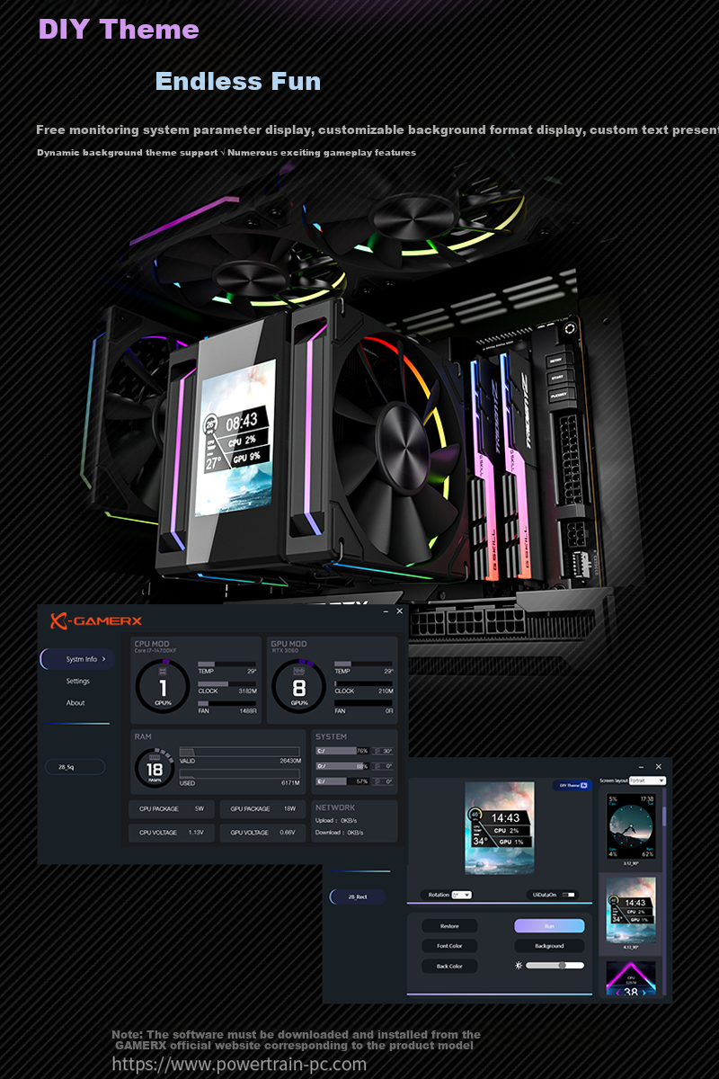 PowerTrain Unknown Player MK8 Black CPU Air Cooler with Screen, 6 Copper Heat Pipes, ARGB Sync, Dual Fans for Desktop PC, 1851/1700/AM4/AM5 4